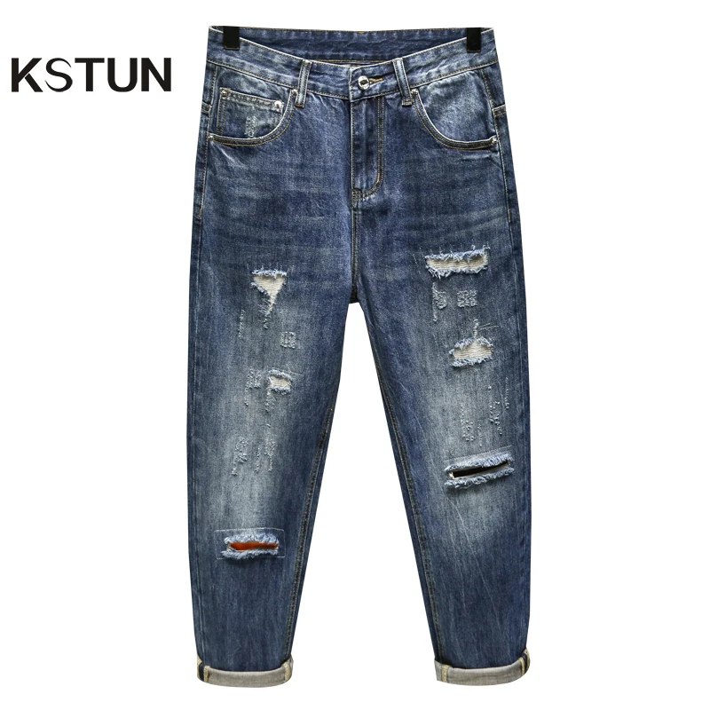 

KSTUN Mens Wide Leg Loose Jeans Dark Blue Harem Pants Ankle Length Hip Hop Streetwear Distressed New Jeans Kpop Tapered Patched