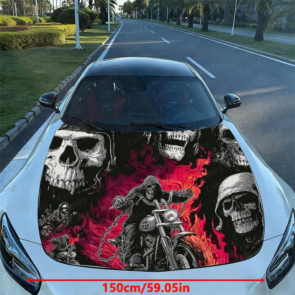 Flame Locomotive Skeleton Car Vinyl Wraps, Engine Hood Decals, Splash-Resistant Features, Easy To Remove, Suitable For Hood Deco