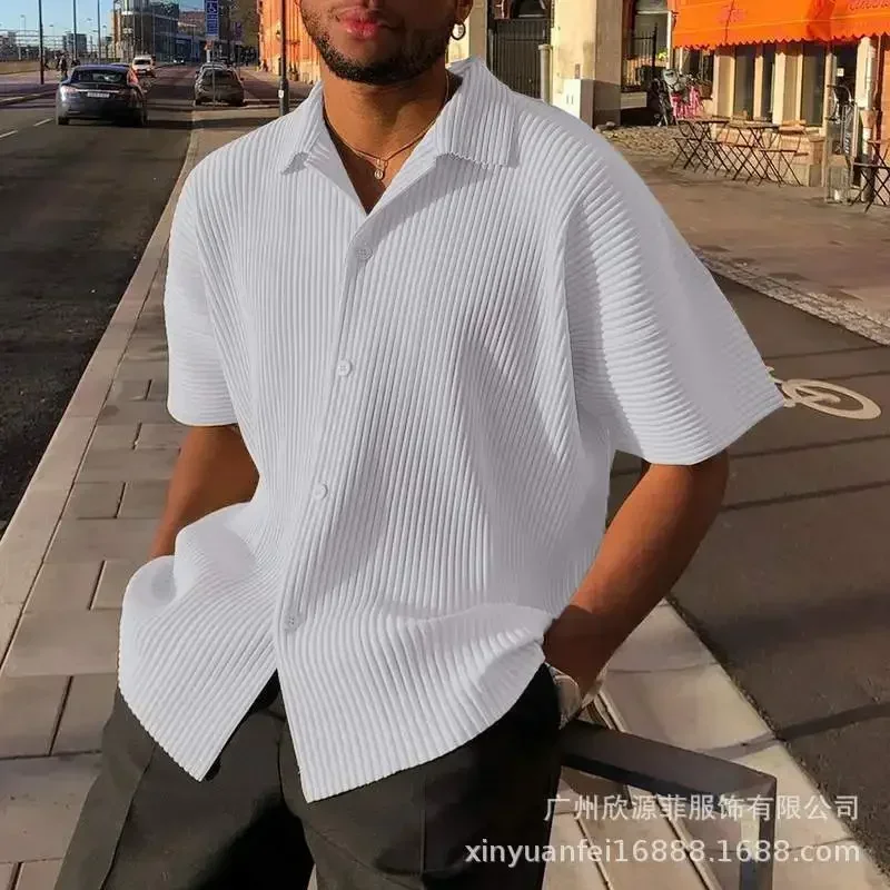 

Europe and The United States New Men's Solid Color Simple Loose Shirt Hot Street Fashion Casual Shirt Hawaii Beach Striped Shirt
