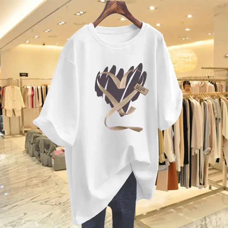 Chic Love Printed T-shirt Summer Casual Loose Short Sleeve Women Tops Female Basic Large Size Street Fashion Pullovers