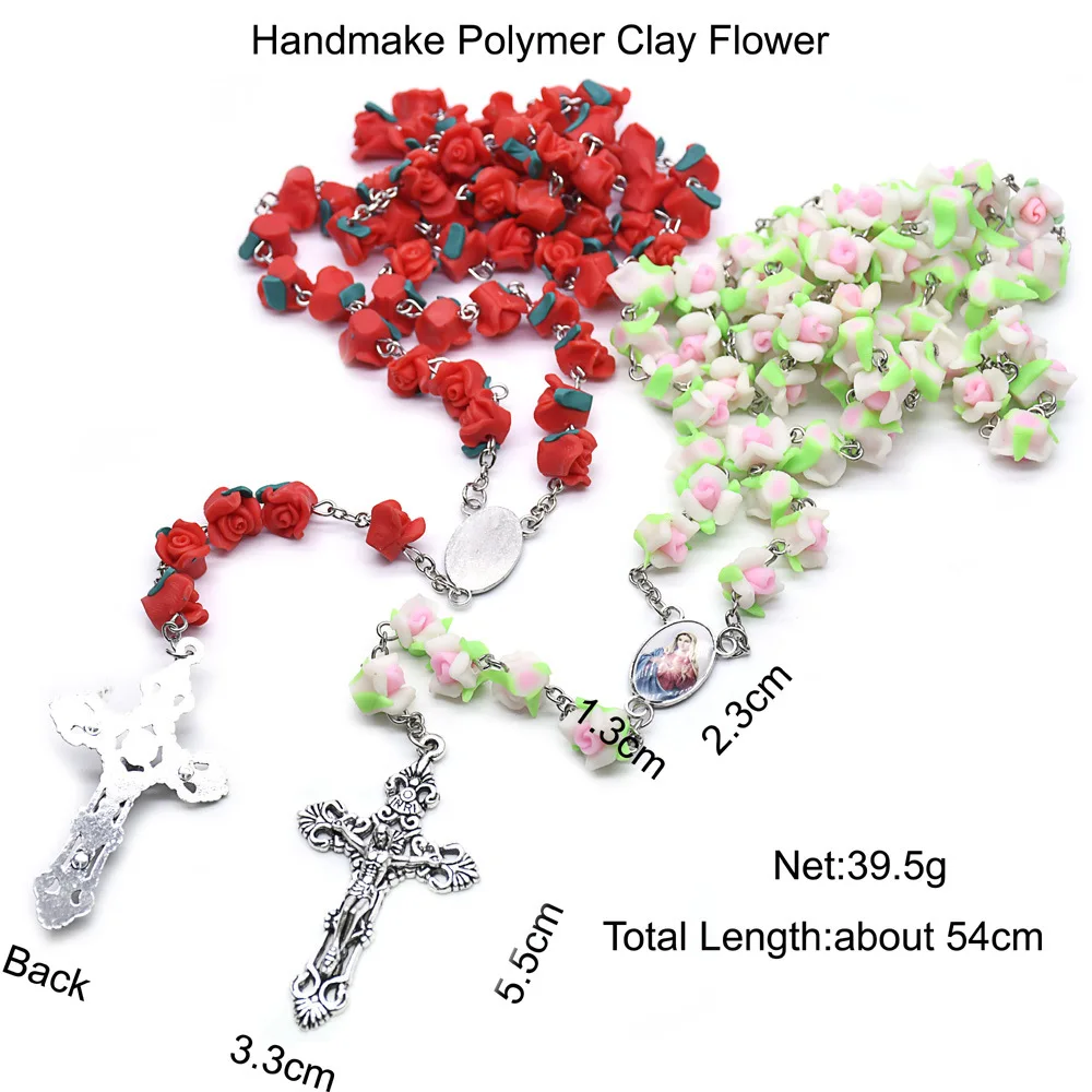الملونة اليدوية بوليمر كلاي روز الصليب قلادة عقد خرز النساء ماريا يسوع الكاثوليكية المسيحية الدينية مجوهرات هدايا