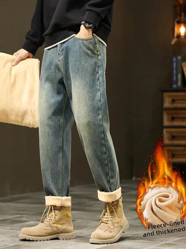 

Мужские зимние джинсы свободного кроя с флисовой подкладкой, прямые, повседневные, модные, с низкой посадкой, новые, высококачественные, длинные брюки