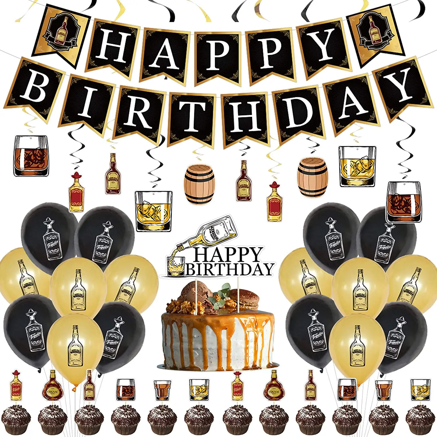 

Whiskey Theme Birthday Party Supplies Beer Mug Pattern Balloon Hanging Pendant Banner Cake Topper Decorations