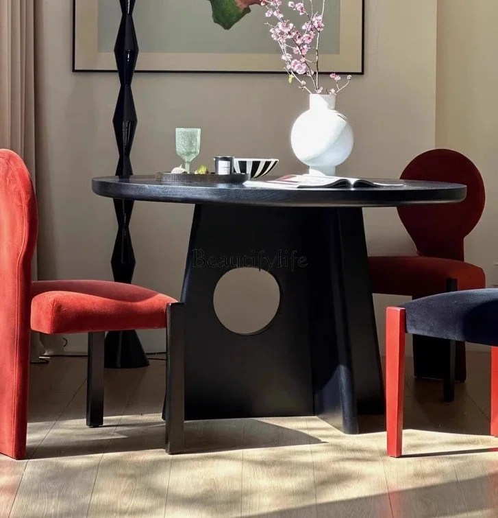 

FG44French medieval solid wood dining table home retro black round table designer creative contrast color