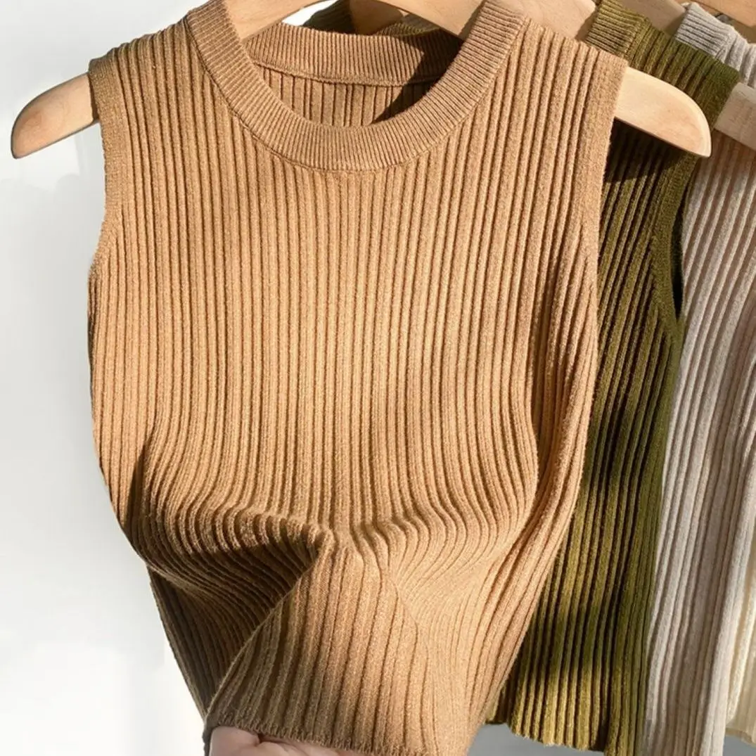 2026 Women Top Korea Knitted Vests O-neck Solid Tank Blusas Y2K Summer Fashion Female Sleeveless Casual Thin Tops