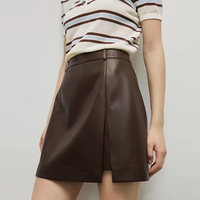 

100% Real Leather Skirts 2025 Fall Winter Women High-waisted A-line Short Skirt Fashion Deep Coffee Female A-line Leather Skirt