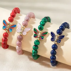 Kirykle Enamel Butterfly Beaded Bangles 8mm Natural Lapis Lazuli Malachite Bead Stretch Bracelet for Women Healing Reiki Jewelry