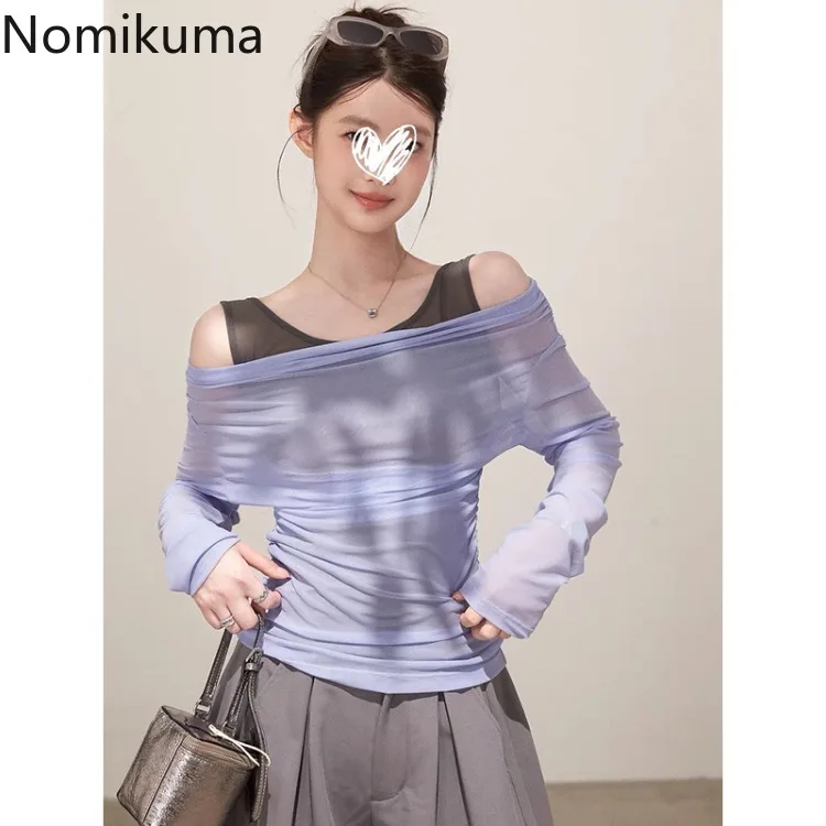 

Women Clothing Fake Two T Shirts Slash Neck Long Sleeve Sexy Tops 2025 Ropa Mujer Fashion Gauze Camisetas Contrast Color Tshirt