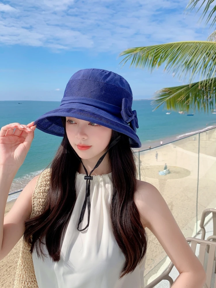 A fisherman hat, summer thin sunscreen hat, fashion tie-in bow hat, gauze short-brimmed ventilation hat, fashionable elegant sty