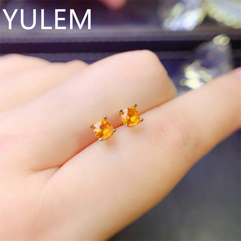 YULEM 5x5MM Natural Yellow Sapphire Earrings 925 Silver Stud Earring for Women 925 Sterling Silver Prevent  Fine Jewelry