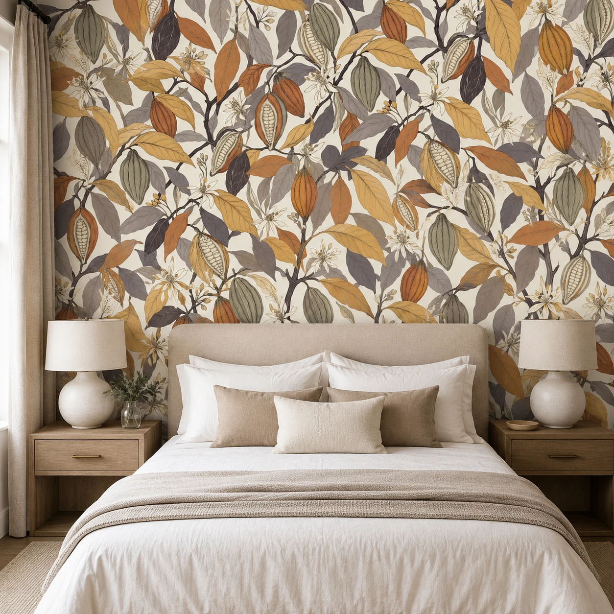 Botanical Cocoa Pod Wallpaper Mural Autumn Leaf Floral Wall Art for Living Room Bedroom Unpasted Requires Glue