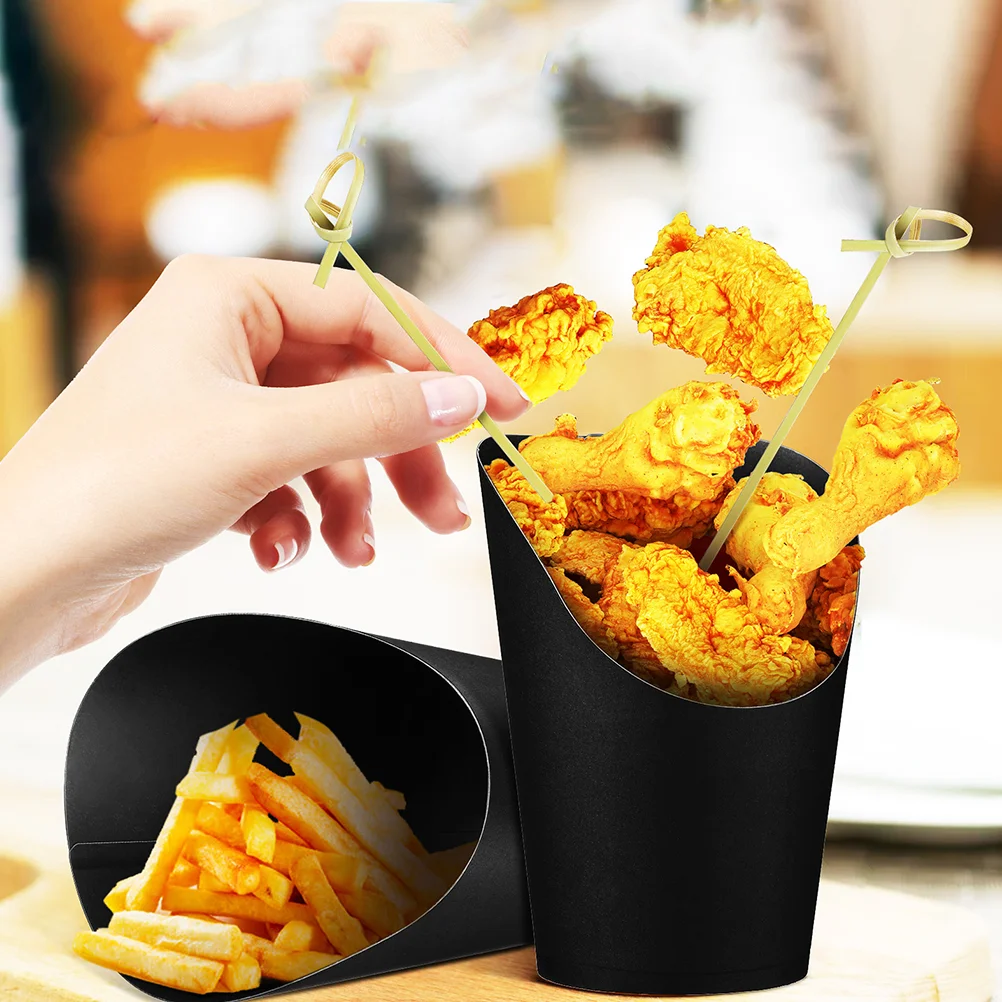 50 Pcs Small Snacks Cups Thickened Black Kraft Paper Slanted French Fries Fry Holding