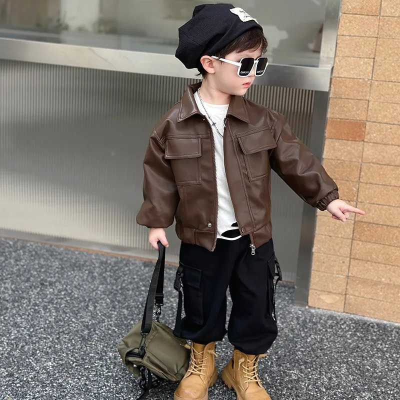 Boys Pu Leather Jackets Spring Autumn Children Handsome Outerwear Kids Zipper Trends Coats Baby Classics Clothes 2-10Years