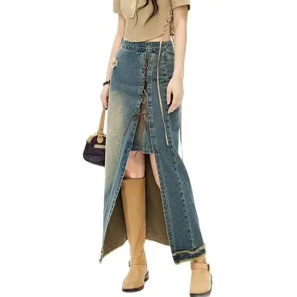 Long Denim Skirt Irregular Bandage Raw Edge Split Women High Waist A-Line Korean Vintage Large Size Jean Hip-Covering Skirt