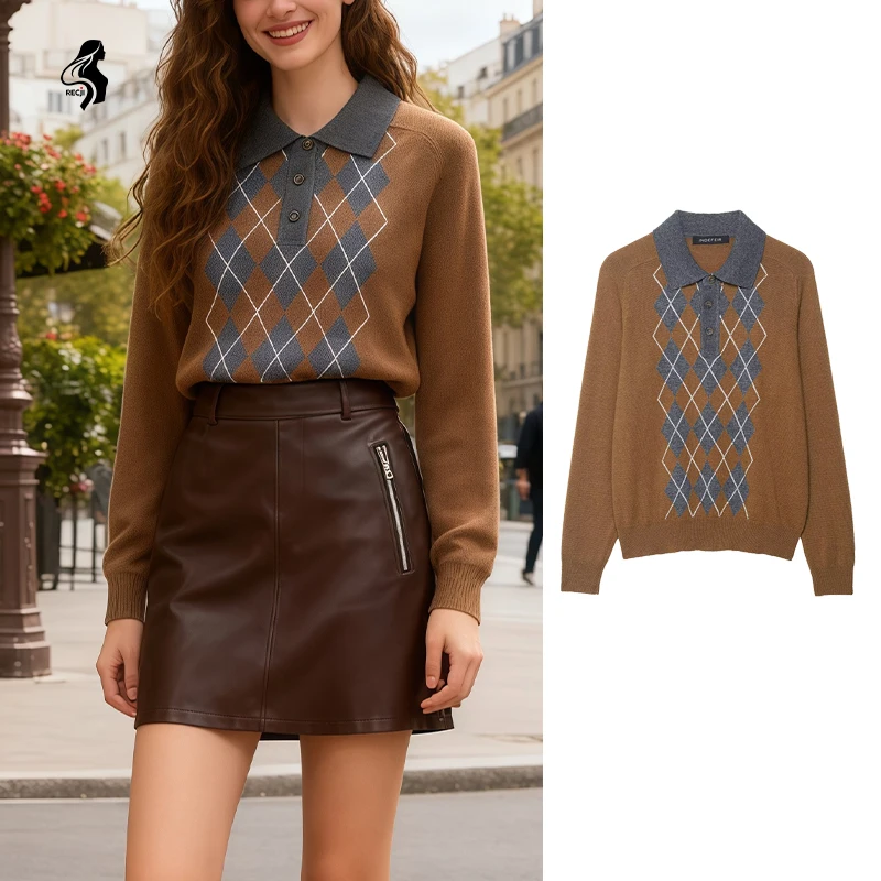 

Womens Knitted Polo Shirt Diamond Pattern Lapel Long Sleeves Knitted Sweater For Autumn Winter And Daily Wear Trafizaran