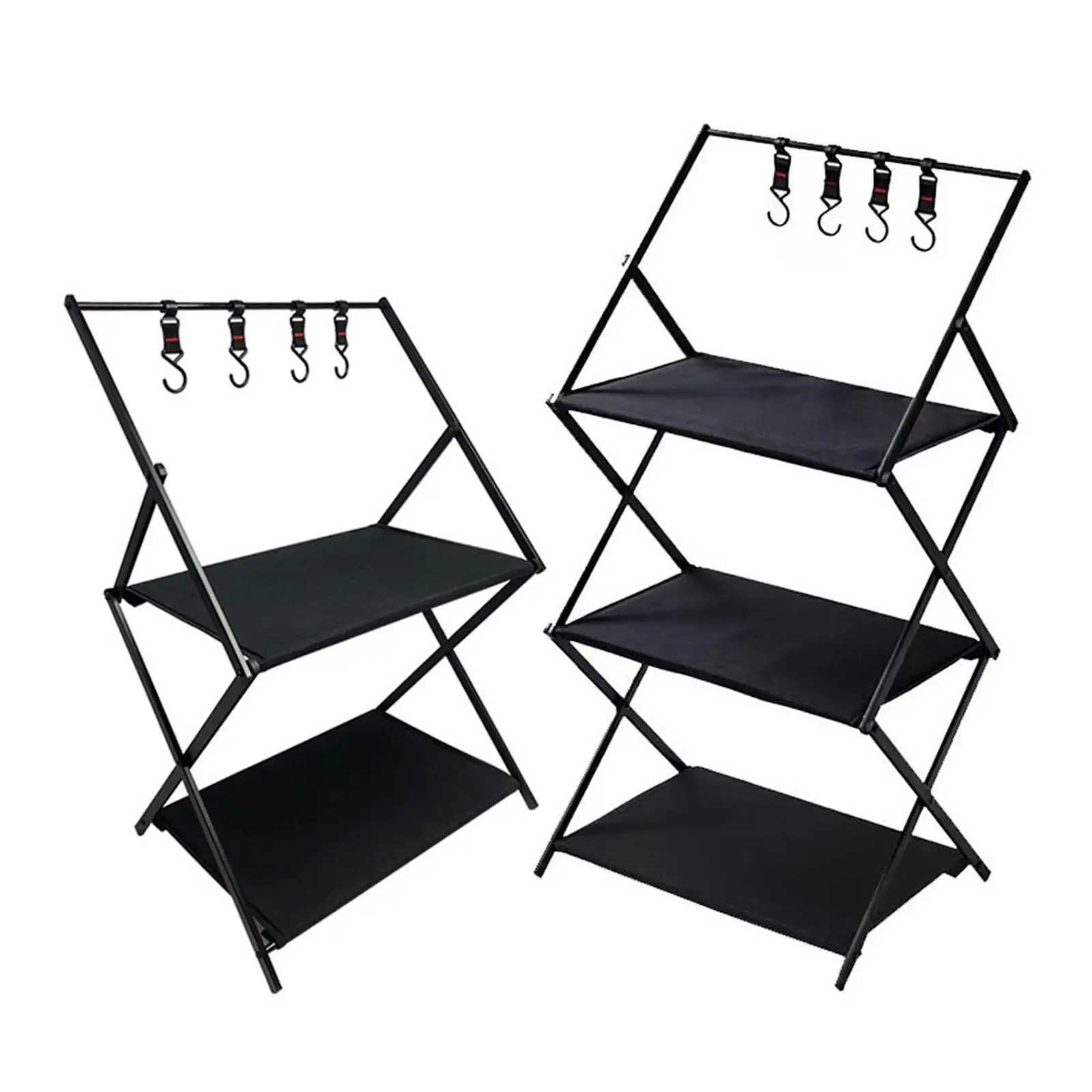 

Camping Storage Shelf Outdoor Camping Foldable with Hanging Hooks Black Organizing Rack for BBQ Garage Picnic Household Outdoor