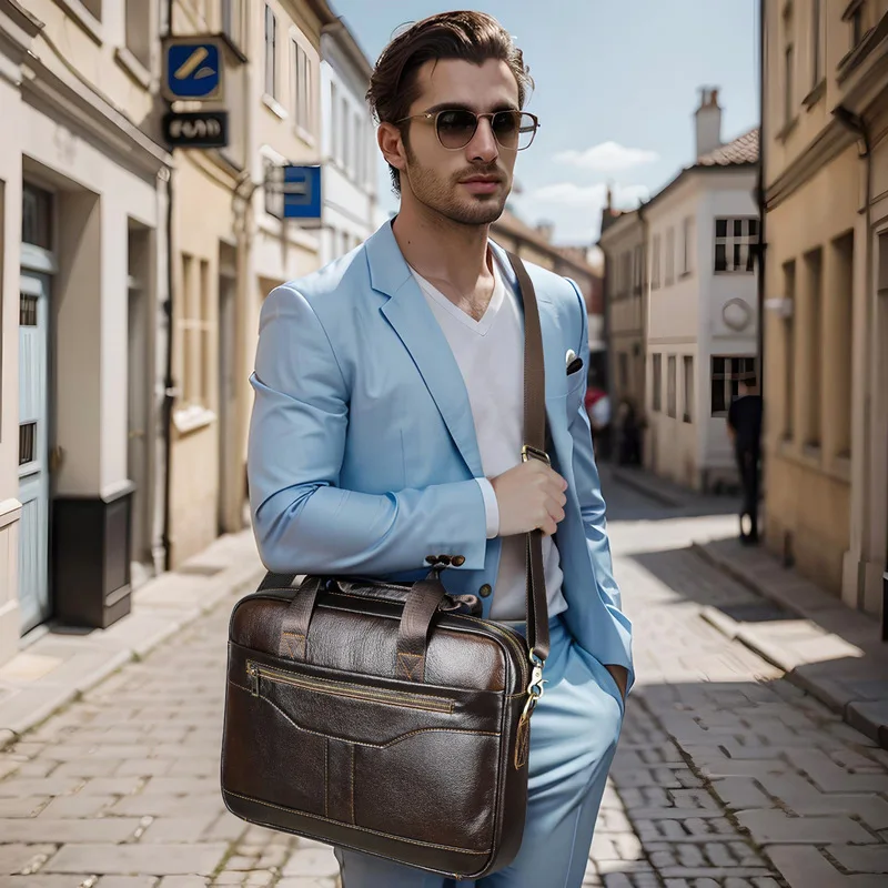 Genuine leather fashion men's briefcase large-capacity business travel briefcase high-end computer document handbag