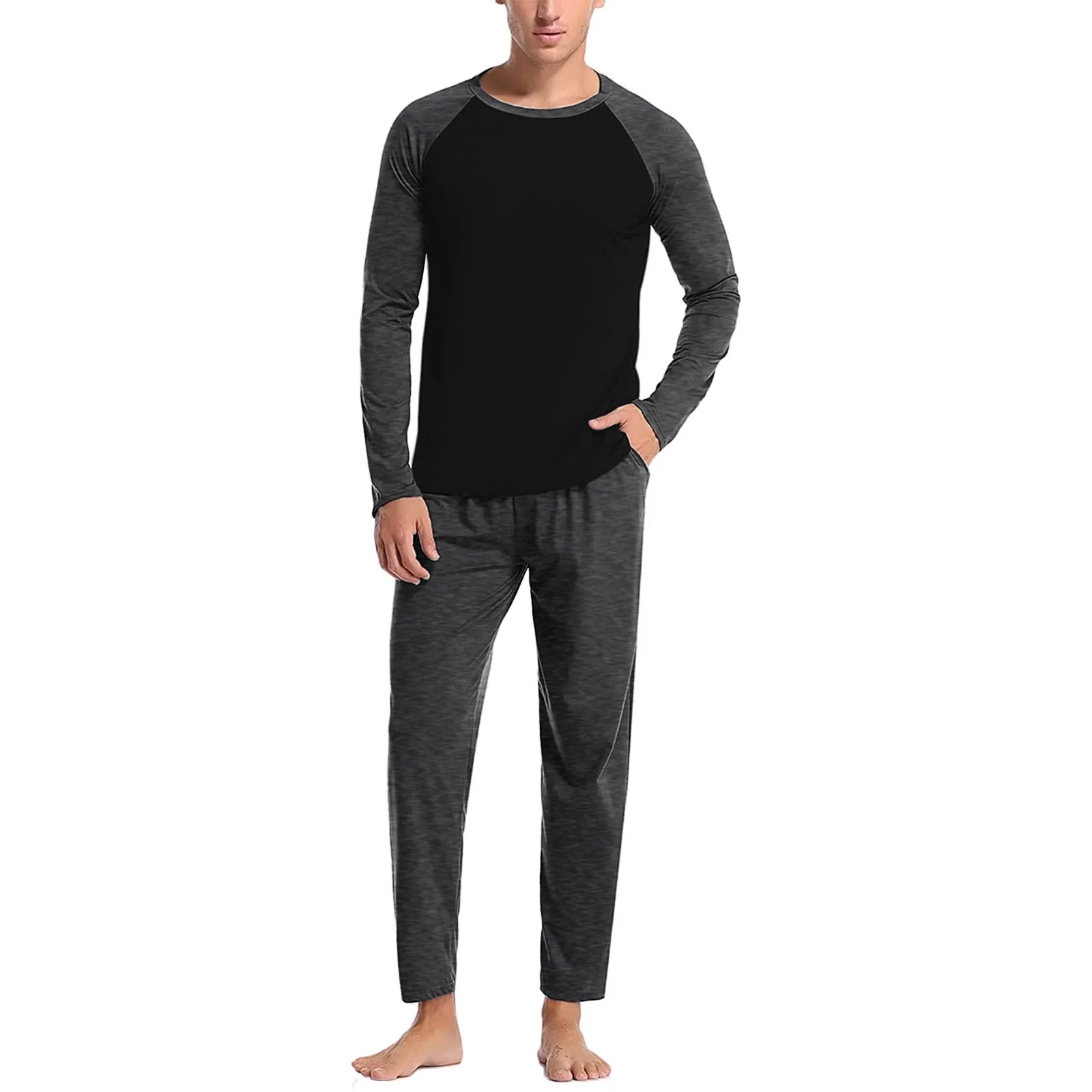 Mens Basic Pajamas Patchwork Color Long Sleeve Round Neck Pajama T-Shirt+Pant Soft Homewear Sleepwear Home Two Piece Pajama Sets