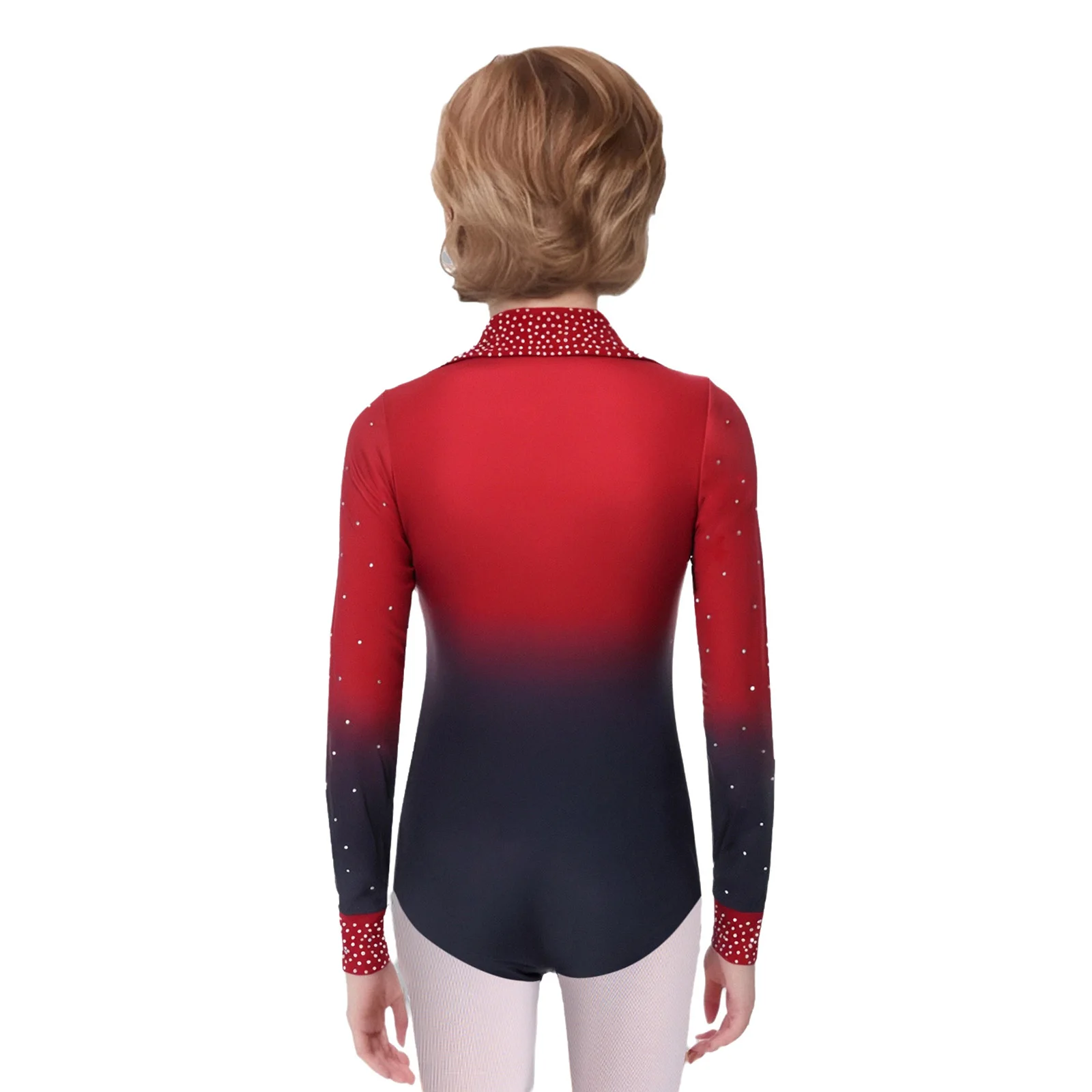 Kids Boys Gymnastics Leotard Long Sleeve Shiny Rhinestones Gradient Color Jumpsuit for Figure Skating Ballet Tango Cha-cha Dance