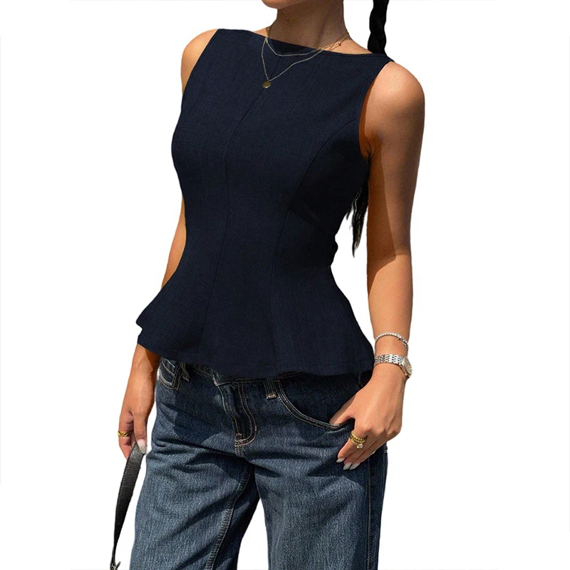 BKLD Dames Elegant Temperament Mouwloos vest met ruches Diepblauw Taille-aanscherpend Tanktop met open rug Eenvoudig woon-werkverkeer Streetwear - afbeelding 2