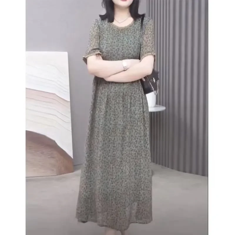 Women's Floral Print Maxi Dress Round Neck Short Sleeve Ruched Waist Casual Long Gown