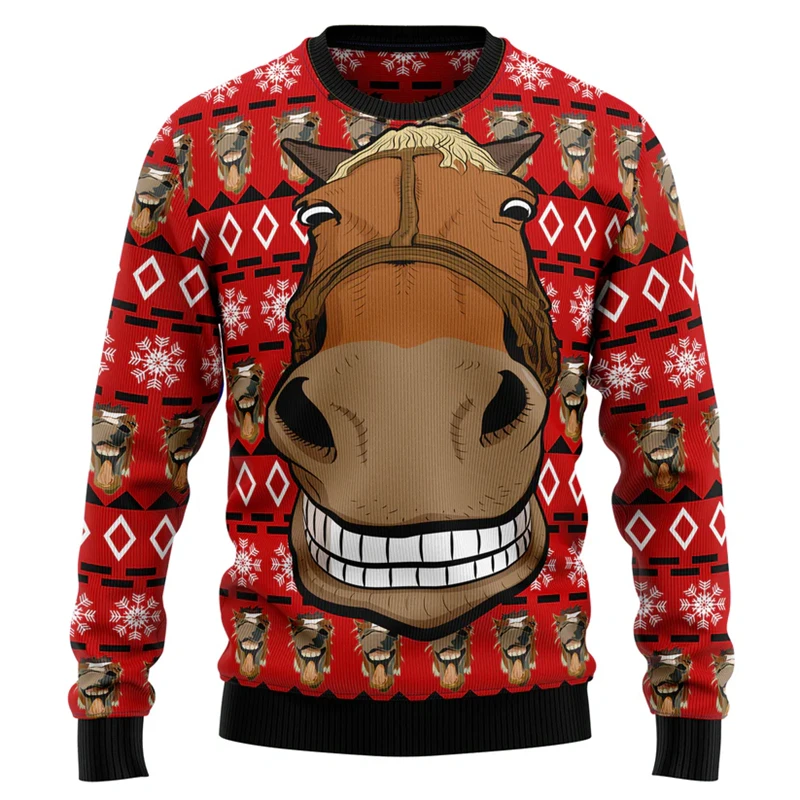 

Funny Horse Graphic Ugly Christmas Sweater Fashion Holiday Xmas 3D Animal Printed Sweatshirts Loose Retro Streetwear Pullovers