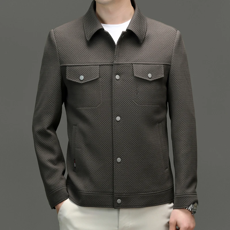 

2024 Spring Autumn Men Stylish Jacket Gray Navy Black Coffee Cosy Coat Turn Down Collar Comfort Fabric Outerwear Leisure Clothes