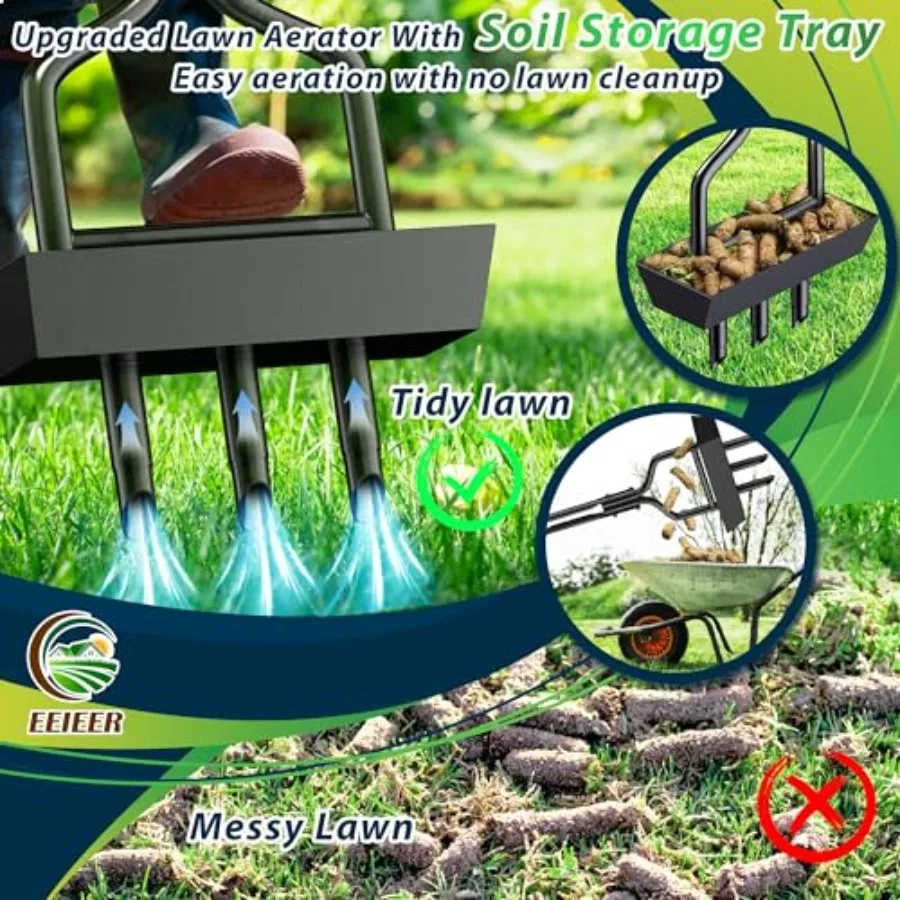 Manual Lawn Aerator Tool with Soil Storage Basket - 2025 Upgraded Aerator Lawn Tool, 3 Tines Yard Aerators with Cleaning Tool,