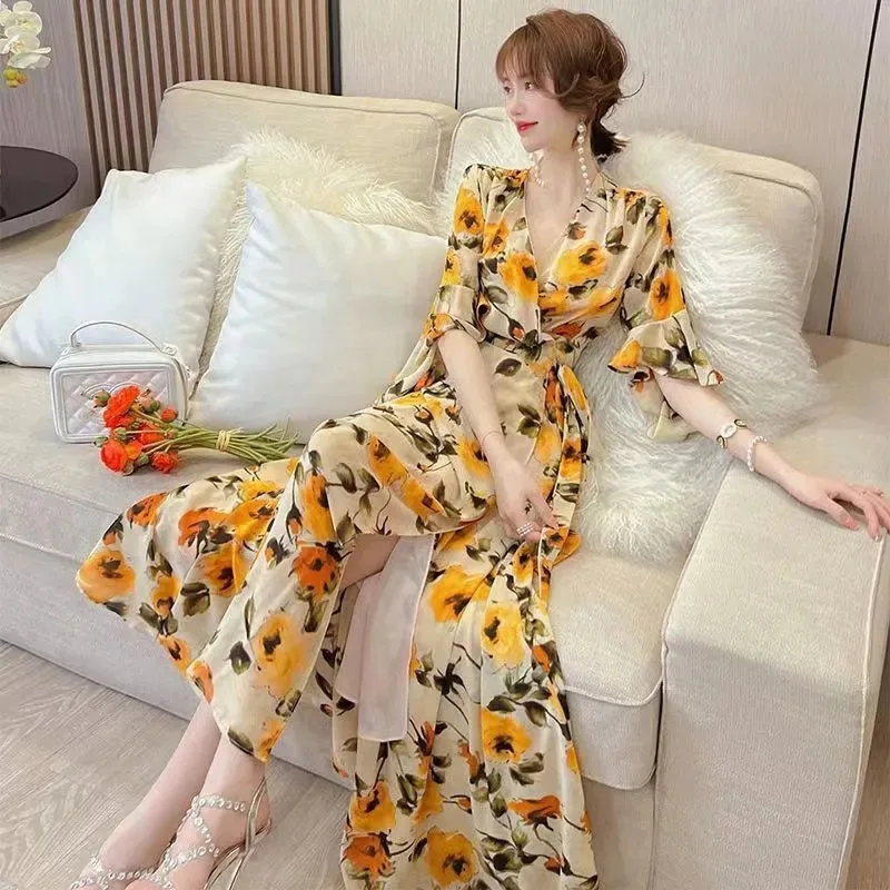 

2026 High-end Ladies V-neck Maxi Dress Summer Women Fashion Chiffon Long Dresses Korean Female Medium Length Printing Vestidos