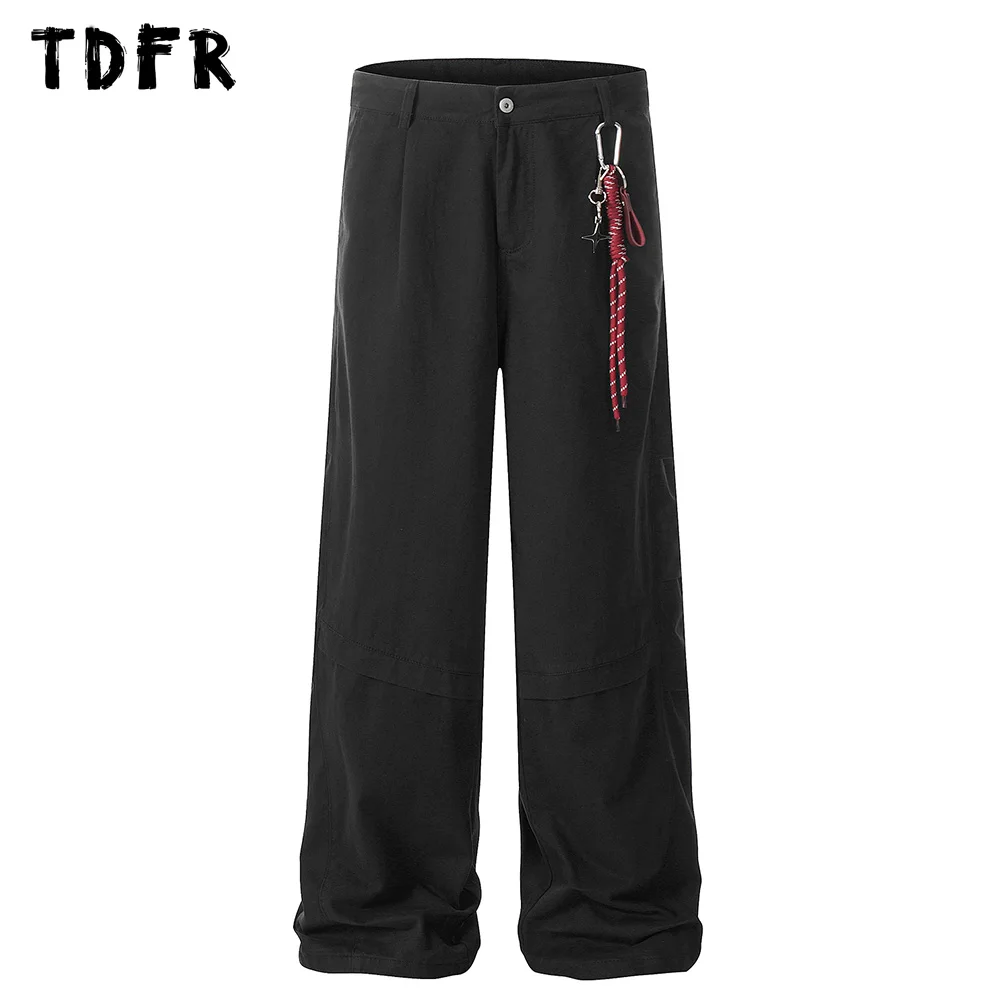 Chain Decoration Cargo Pants Mens Spliced Pocket Casual Streetwear Loose Wide leg Solid Color Trousers Men