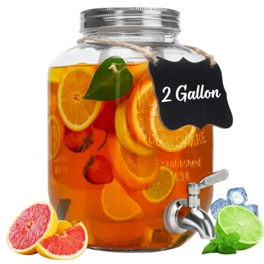 

2 Gallon Glass Beverage Dispenser with Lid Stainless Steel Spigot Glass Drink Dispensers for Parties Lemonade Dispenser With Ic