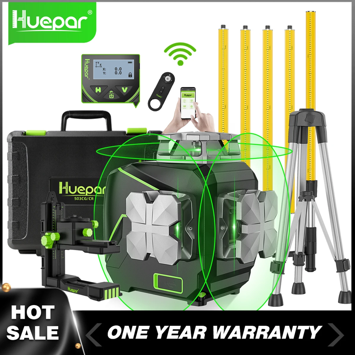 Huepar S03CG 12 Lines Laser Level Green Beam Self-Leveling Cross Line Laser Level Tool With Remote, Bracket And 3.7M Tripod