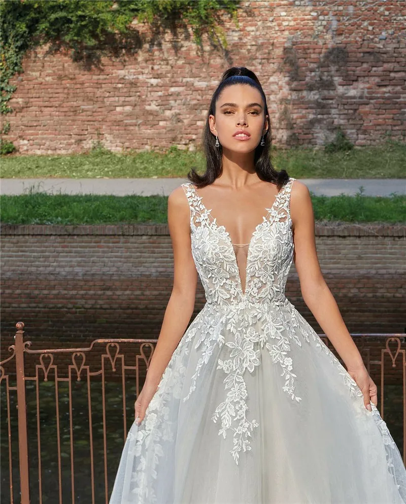 Smileven-Vestido de novia de encaje sin mangas, traje bohemio con apliques de cuello en V, elegante y suave, 2023