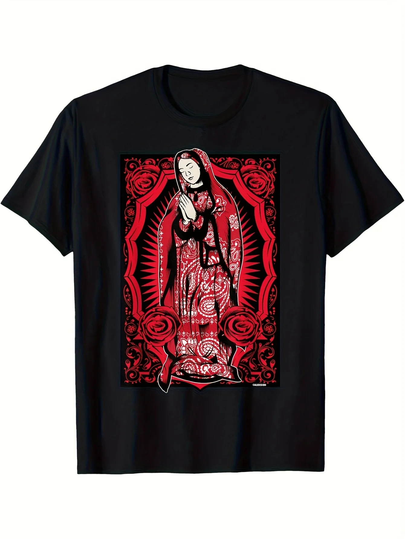

[Chicano Virgin Mary Tee] Red Bandana Print Chicano Virgin Mary Mexican Blanket Art T-Shirt - Soft Breathable Cotton Casual