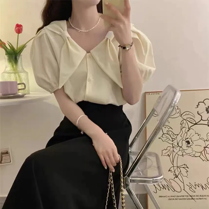 Korean Version Sweet V-neck Bowknot Deco Puff Sleeve Tops 2024 Summer New Solid Color Simple Versatile Shirts Women Clothing