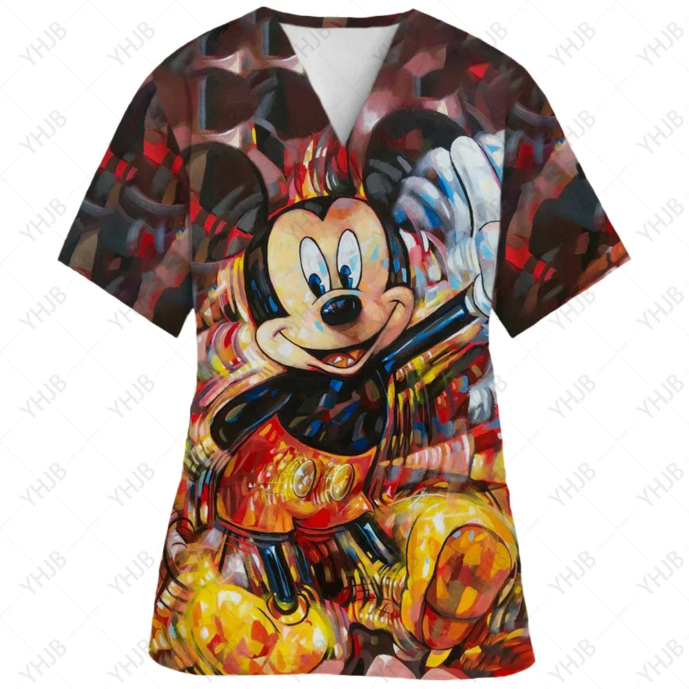 Kobiety z krótkim rękawem strój pielęgniarki pracowników szpitala Disney Minnie nadruk Mickey graficzny t-shirt z dekoltem w szpic ubrania robocze