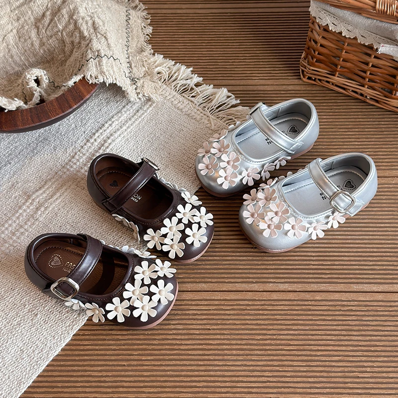 Kid's Shoes Korean Style Sweet Flower Decorated Princess Shoes for Girls Anti-Slip Shallow Mouth Children's Shoes Size 21-30