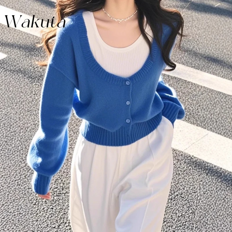 WAKUTA Fall French U-collar Long-sleeved Yankee Age-reducing Knitwear Fashion Casual Slim Blue Fake Two-piece Knitwear 여성 반팔 니트