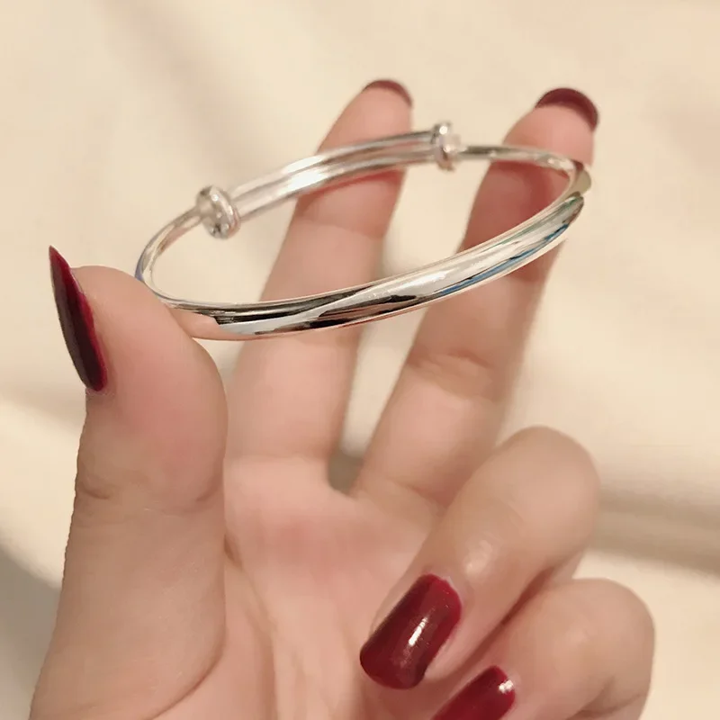Temperament Fashion 925 Sterling Silver Smooth Push and Pull  Adjustable Bracelet for Women Exquisite Jewelry Gift Minimalist