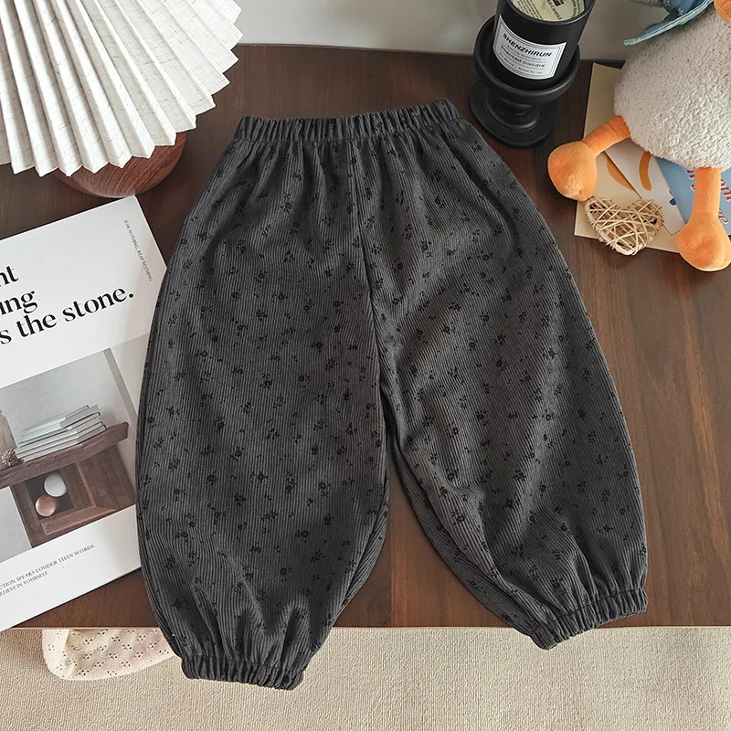 Baby Girls Pants Kids Grey Flower Pant Corduroy Trousers Spring Autumn Children's Clothing Korean Style