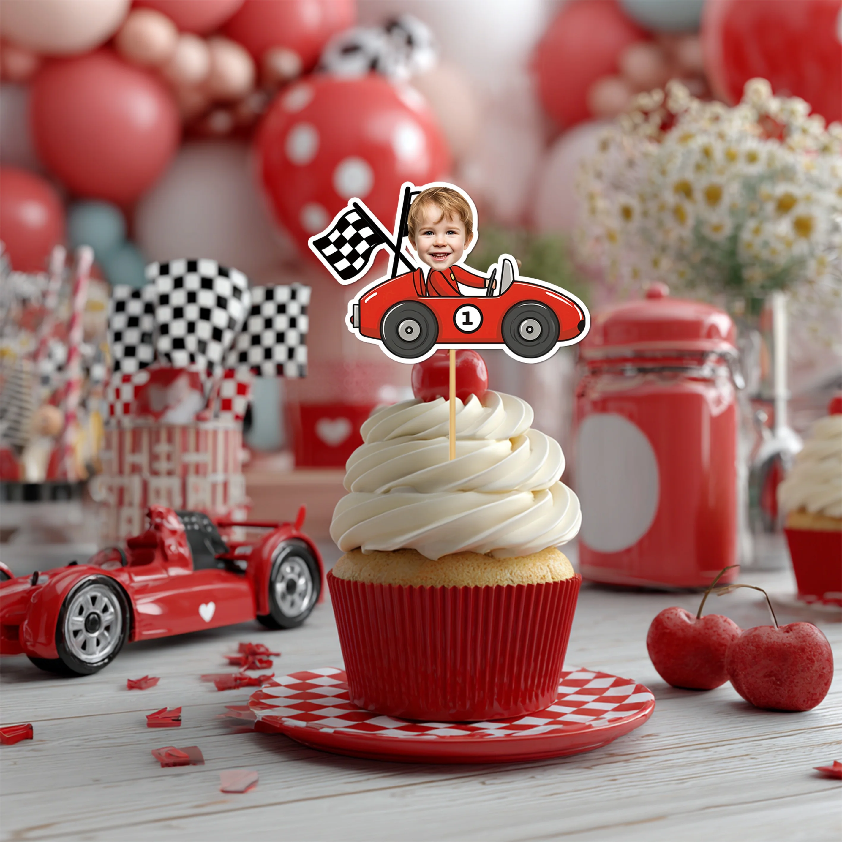 Personalized Racing-Themed Cupcake Decorations, Custom Racing Driver Face Cupcake Toppers, Suitable for 1St, 2Nd, and 3Rd Birthday Party Cake Decorations, Let's Go Racing Sports-Themed Supplies, Fast One/Two-Themed Racing Birthday Celebrations