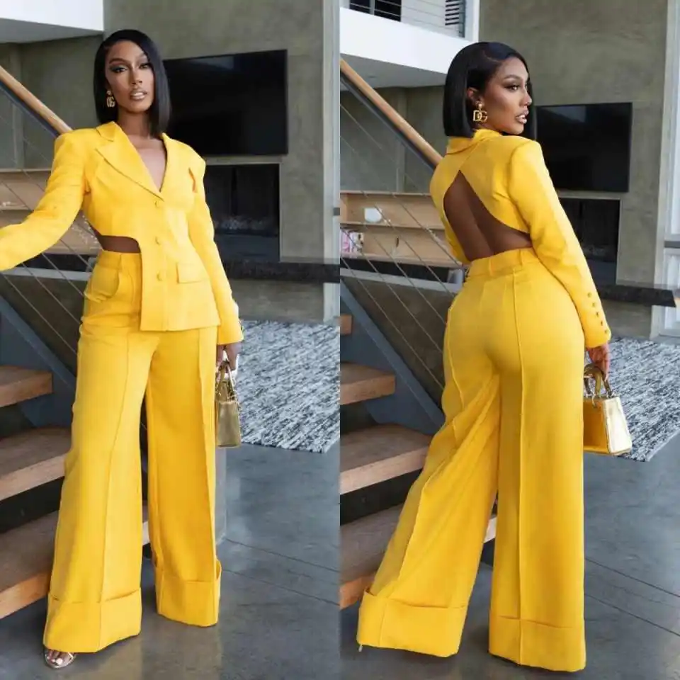 Catwalk Style Women Suits 2 Pieces Sexy Hollow Back Ladies Clothing Pant Sets Formal Party Prom Wear Customized