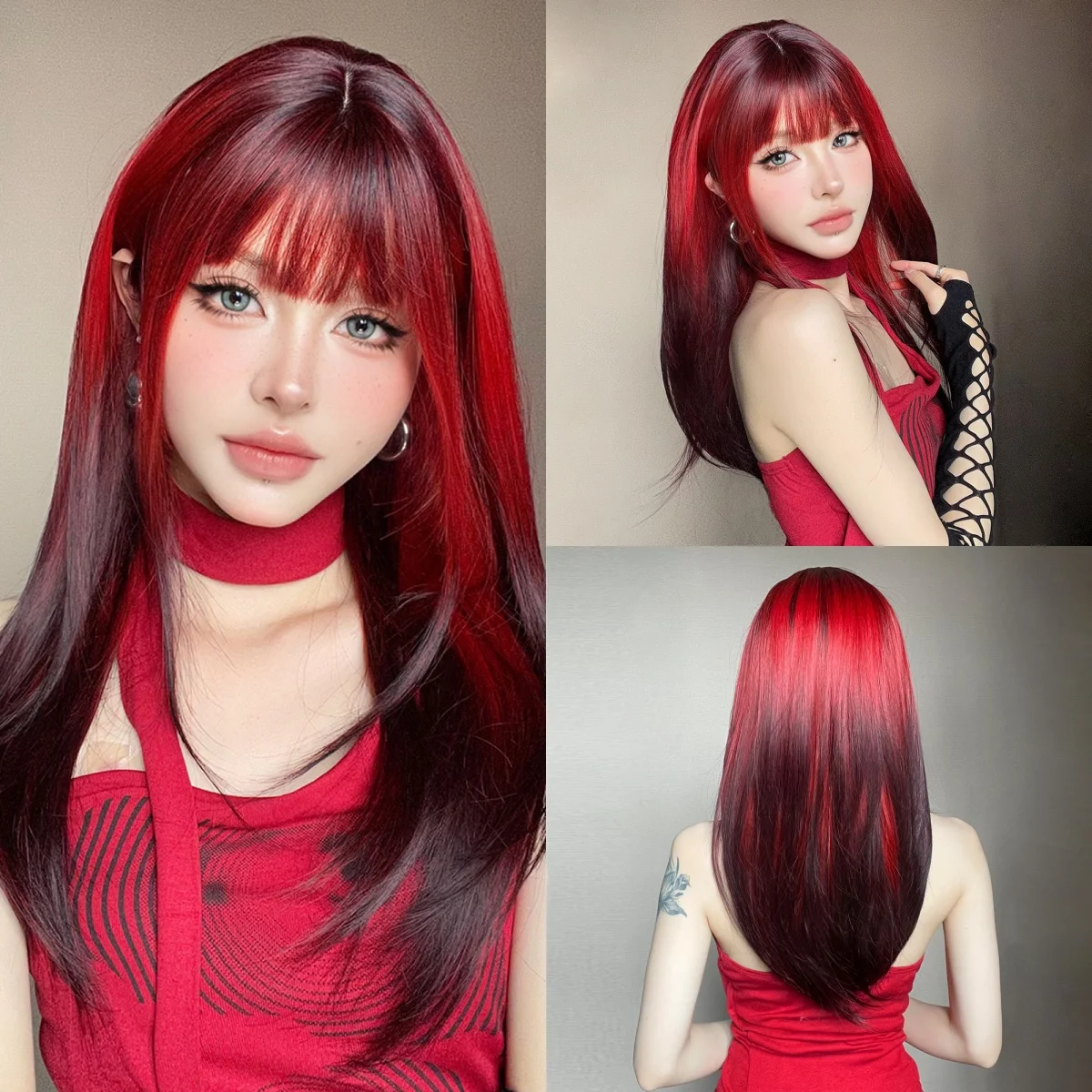 Long Straight Layered Synthetic Wig Black red Highlights Wig with Bangs Daily Use Natural Hair Heat Resistant Wig for Women