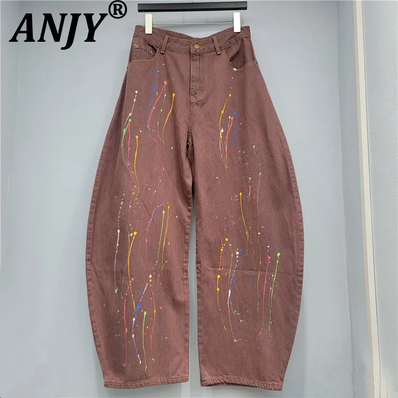 

ANJY, осенне-зимние новые женские американские уличные модные широкие джинсы с разбрызгами чернил, модные шикарные свободные джинсовые брюки A15826