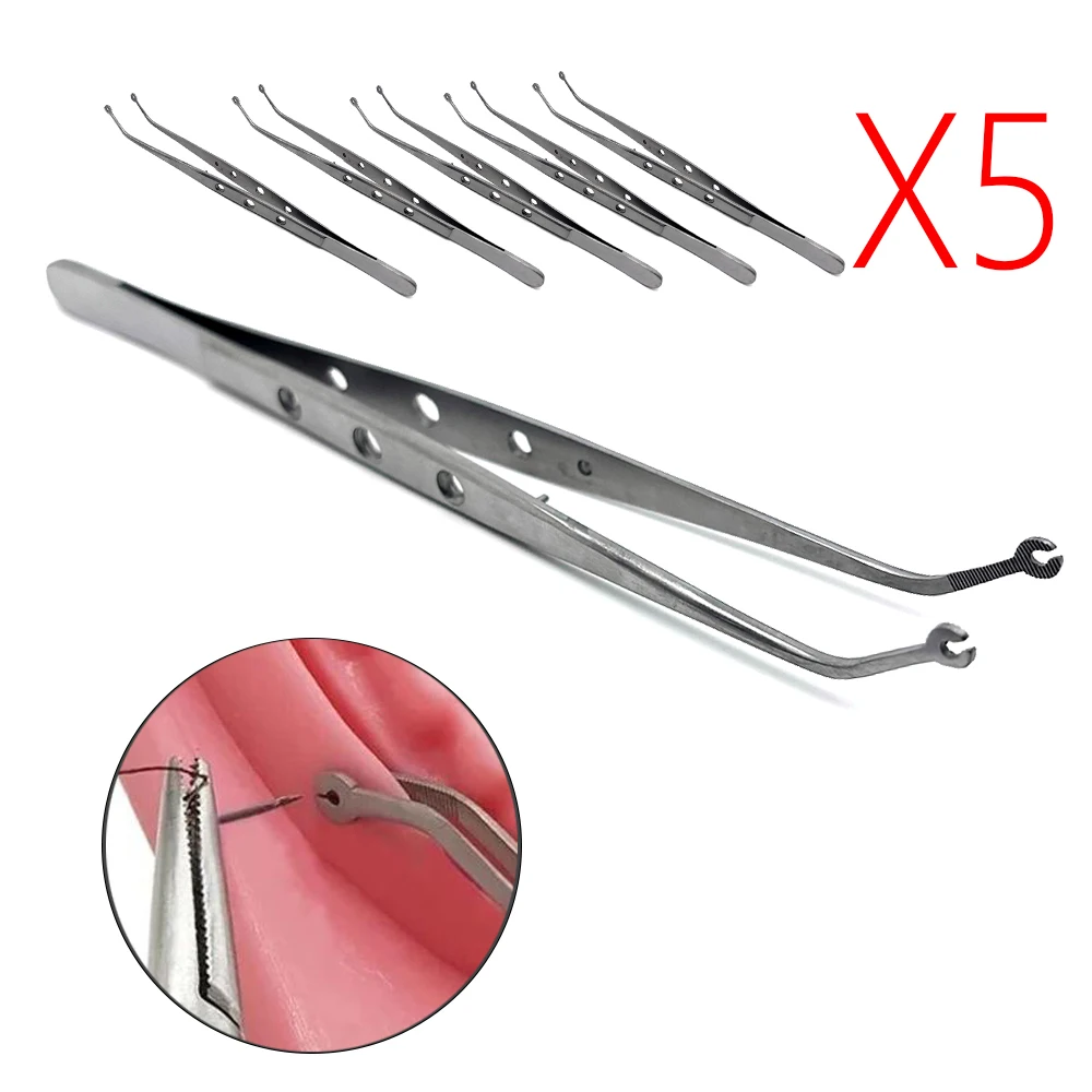 

5Pcs Dental Stitching Tweezer Cotton Dressing Forcep Slots Surgical Needle Surgical Tweezers Operation Serrated Tip