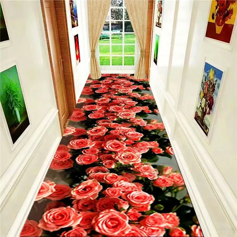 Modern Vibrant 3D Flower Style Long Corridor Carpet Decoration Home Washable Soft Rug Non-slip Lint-free Long Runner Floor Mats