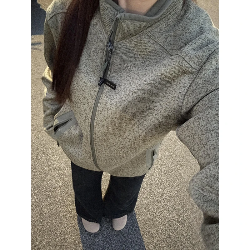 

Мужская осенне-зимняя куртка-кардиган с флисовой подкладкой и воротником-стойкой, повседневная спортивная куртка для активного отдыха, модный американский бренд