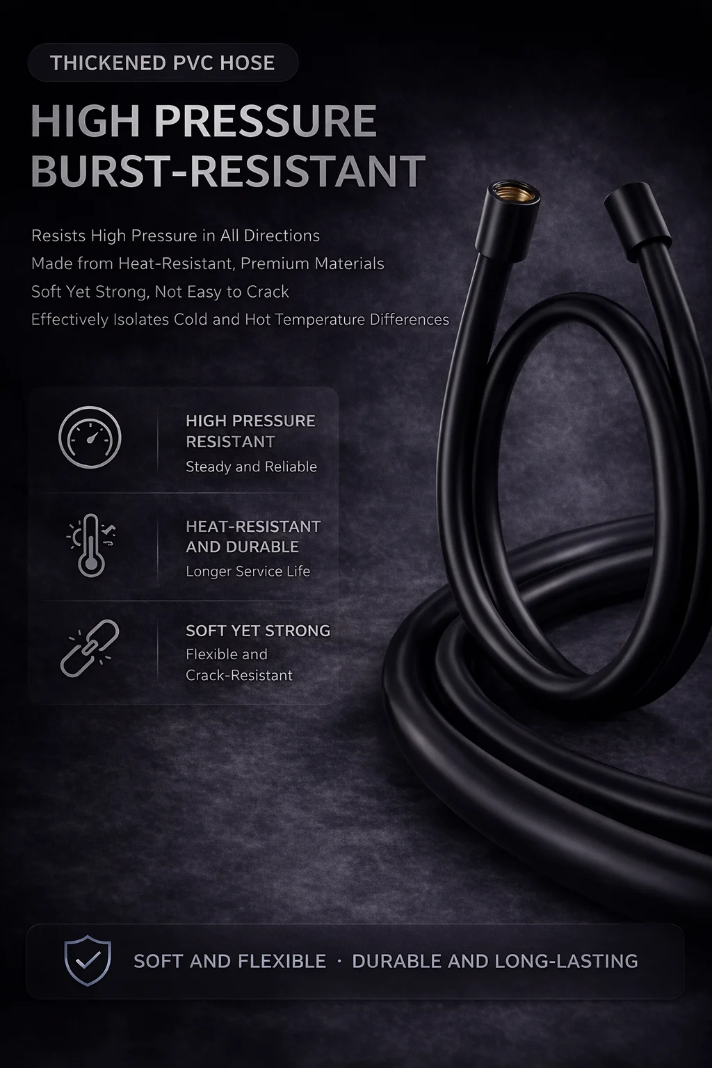 Matte Black Smooth PVC Shower Hose G1/2 Universal Flexible Bath Pipe 360° Anti-Tangle High Pressure Tube for Bathroom