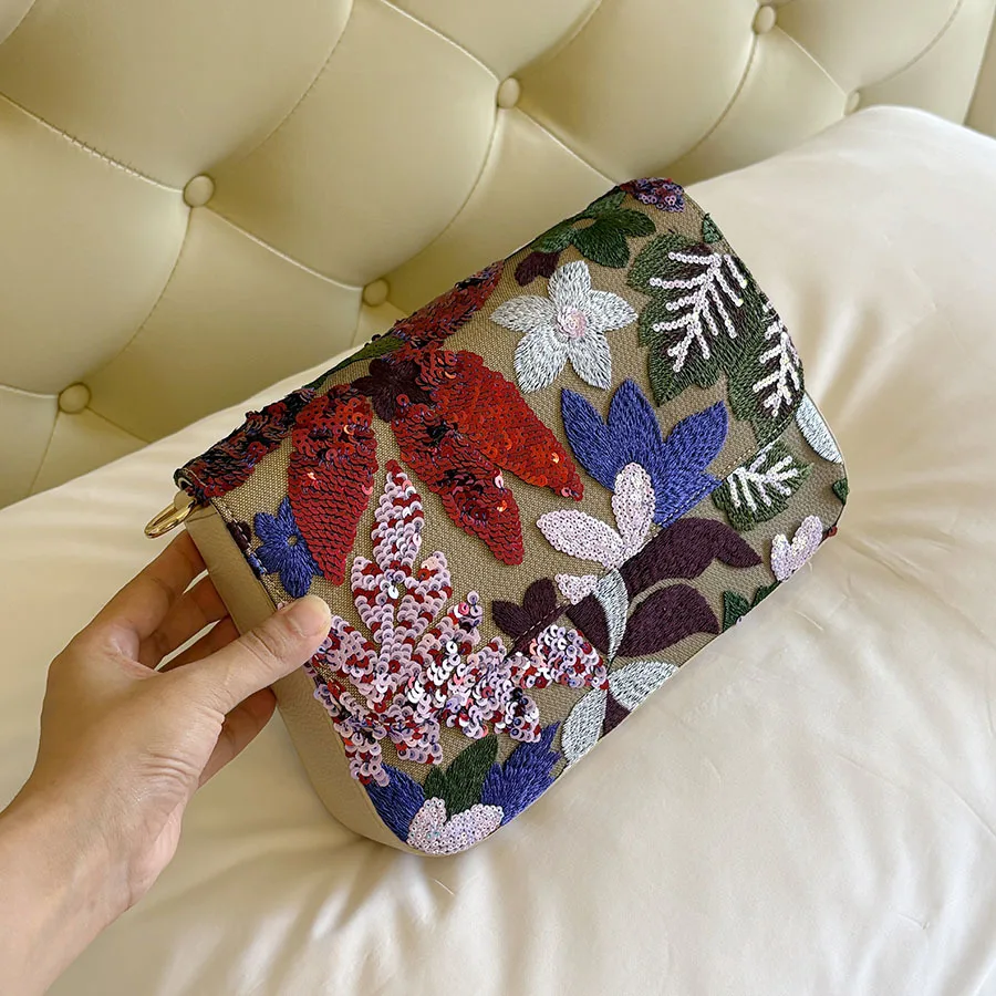 summer exquisite retro small square bag handmade sequins embroidery simple versatile shoulder messenger bag fashion handbag