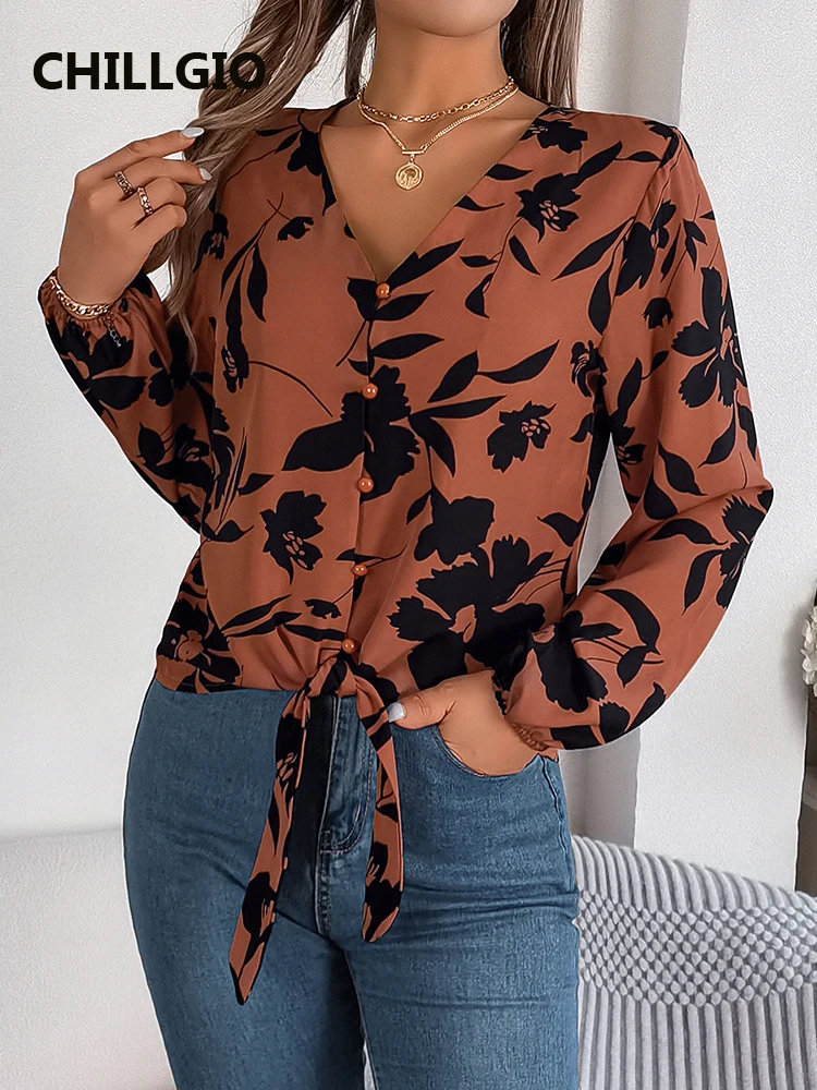 Chillgio Dames Elegante Blouse Casual V-Hals Lange Mouw Shirts Herfst Winter Chiffon Blouses Fasion Bedrukt Met Veters Top